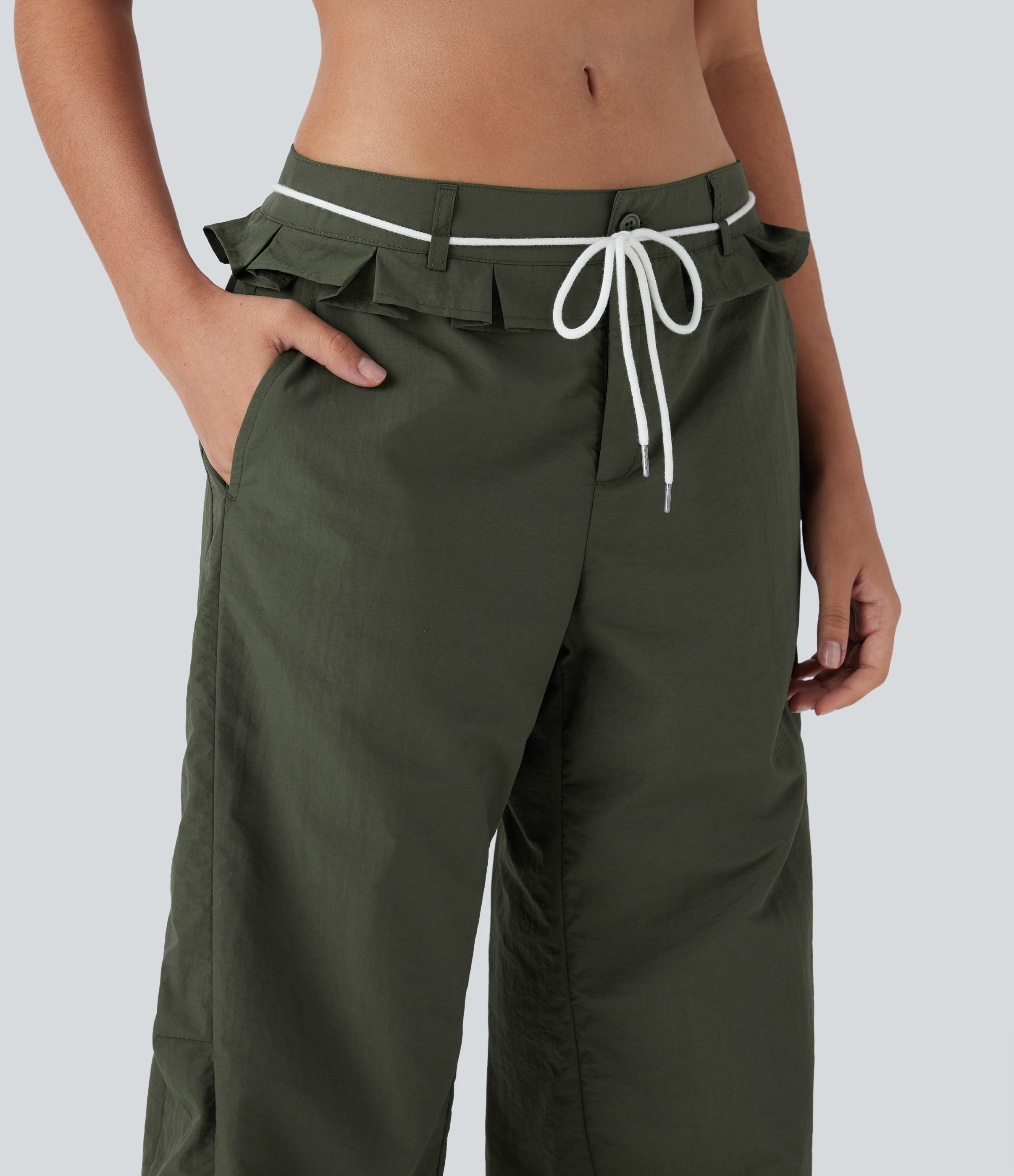 Low Rise Drawstring Ruffle Trim Dance Barrel Leg Pants with Pockets