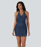 FlexTM Halter Bodycon 2-Piece Cool Touch Washed Denim Mini Tennis Active Dress with Pockets