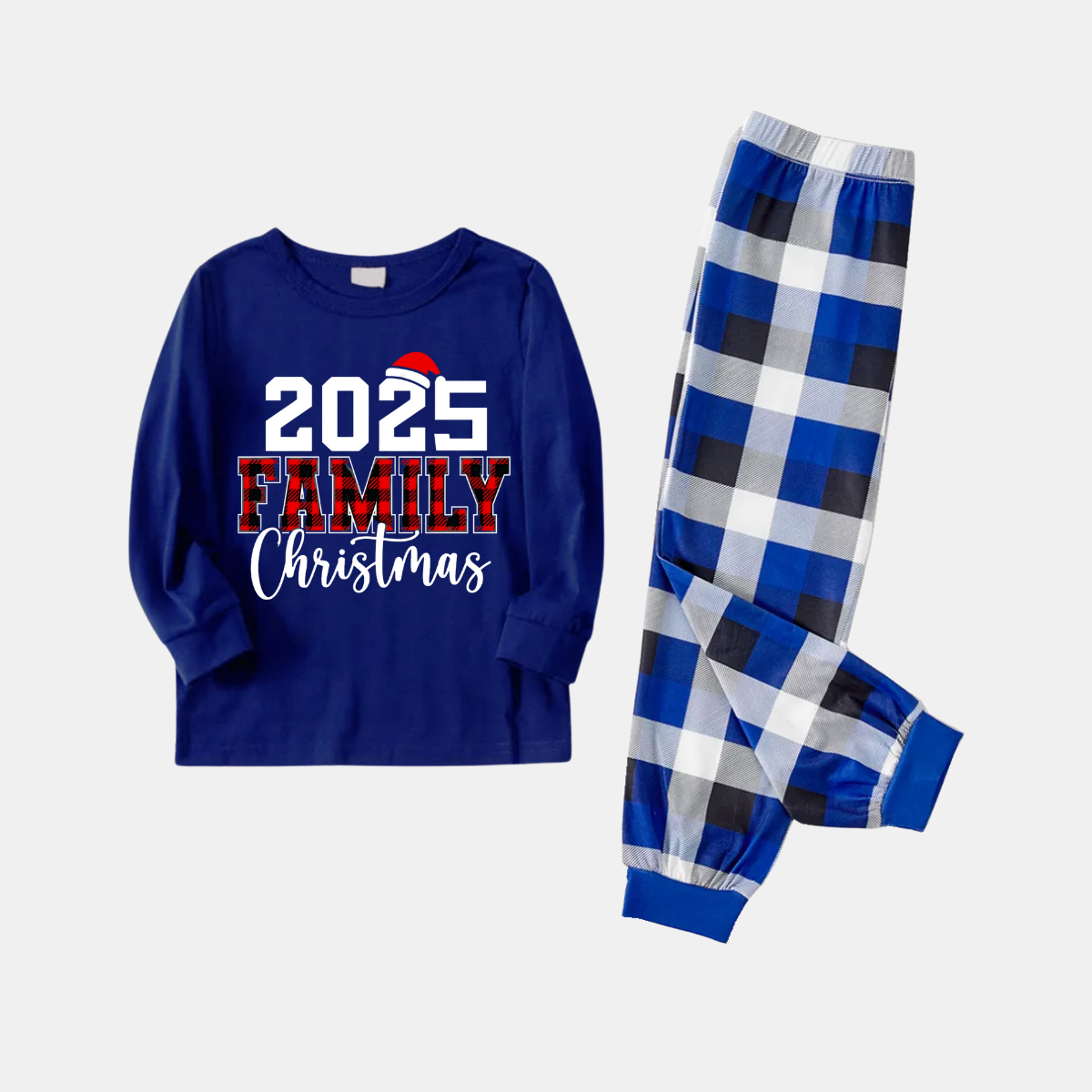 "2025 Family Christmas" Text Printed  Blue and White Plaid Family Matching Pajamas