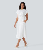 SoCinched Tummy Control Batwing Sleeve Flowy Midi Work Dress with Pockets