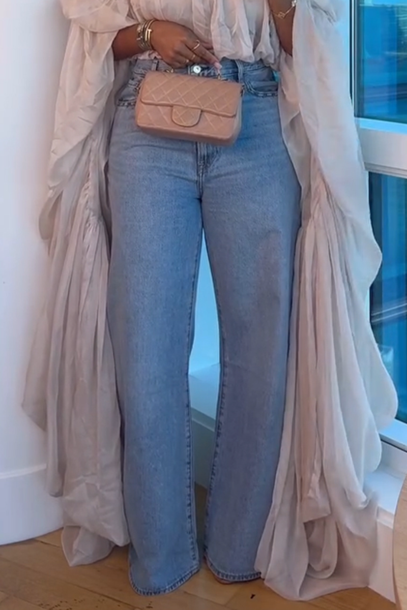 Women Square Collar Long Sleeved Robe Top + Jeans Casual Suit