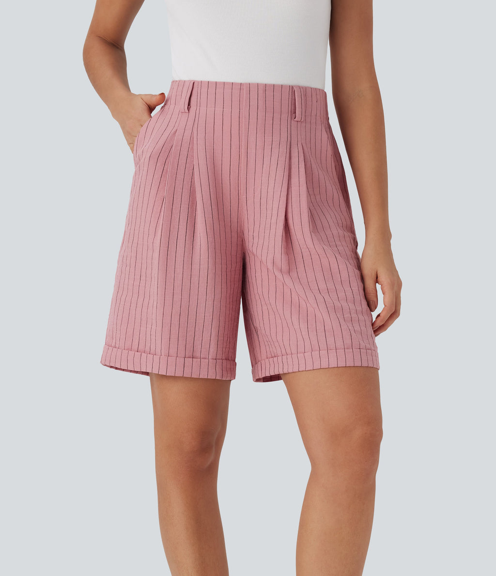 High Waisted Stripe Work Linen-Feel Bermuda Shorts with Pockets