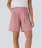 High Waisted Stripe Work Linen-Feel Bermuda Shorts with Pockets