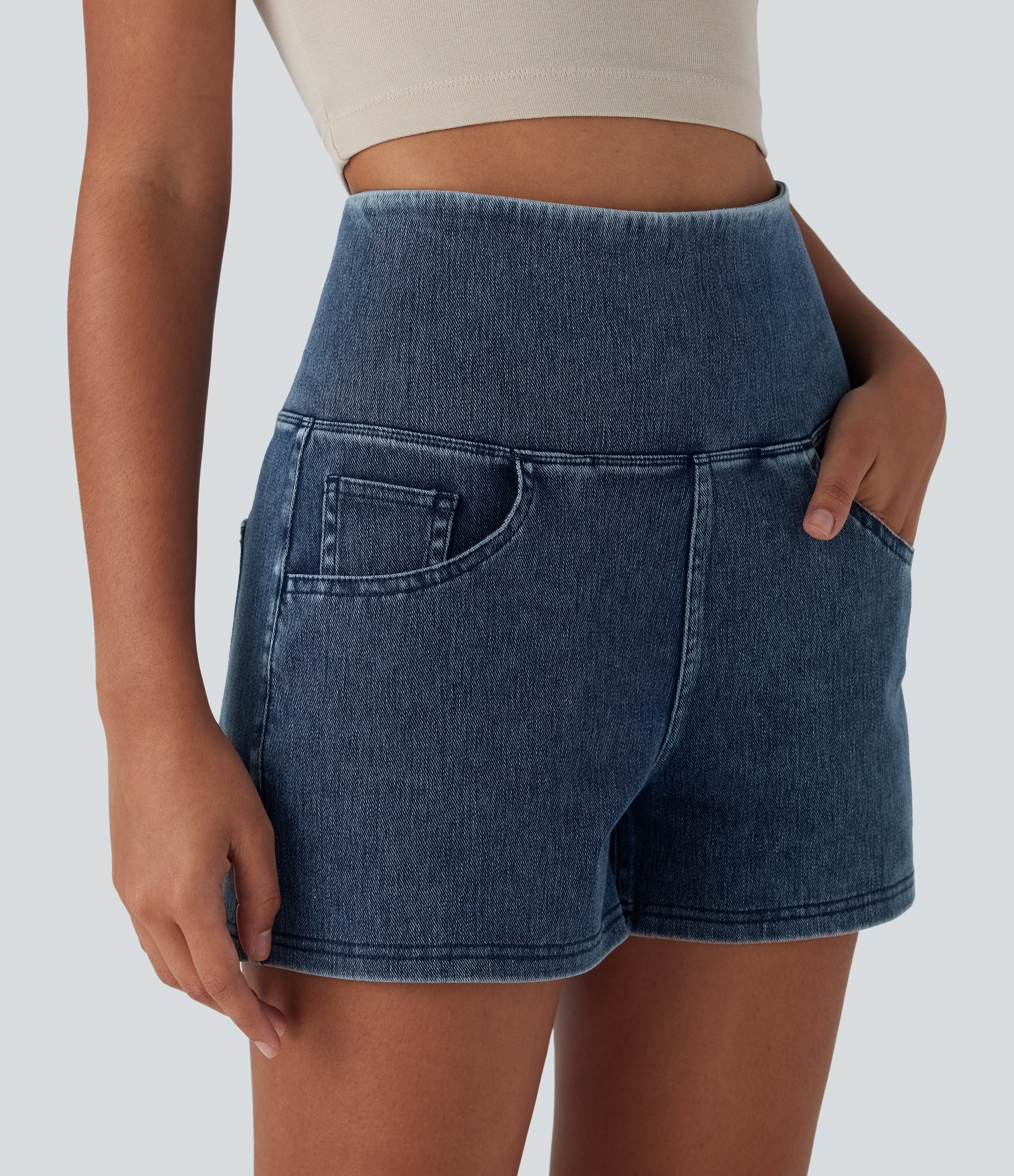 FlexTM SoCinched High Waisted Tummy Control Denim Casual Shorts 3'' with Pockets
