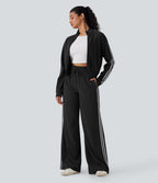 Ribbed SoCinched High Waisted Tummy Control Drawstring Wide Leg Color Block Casual Pants with Pockets