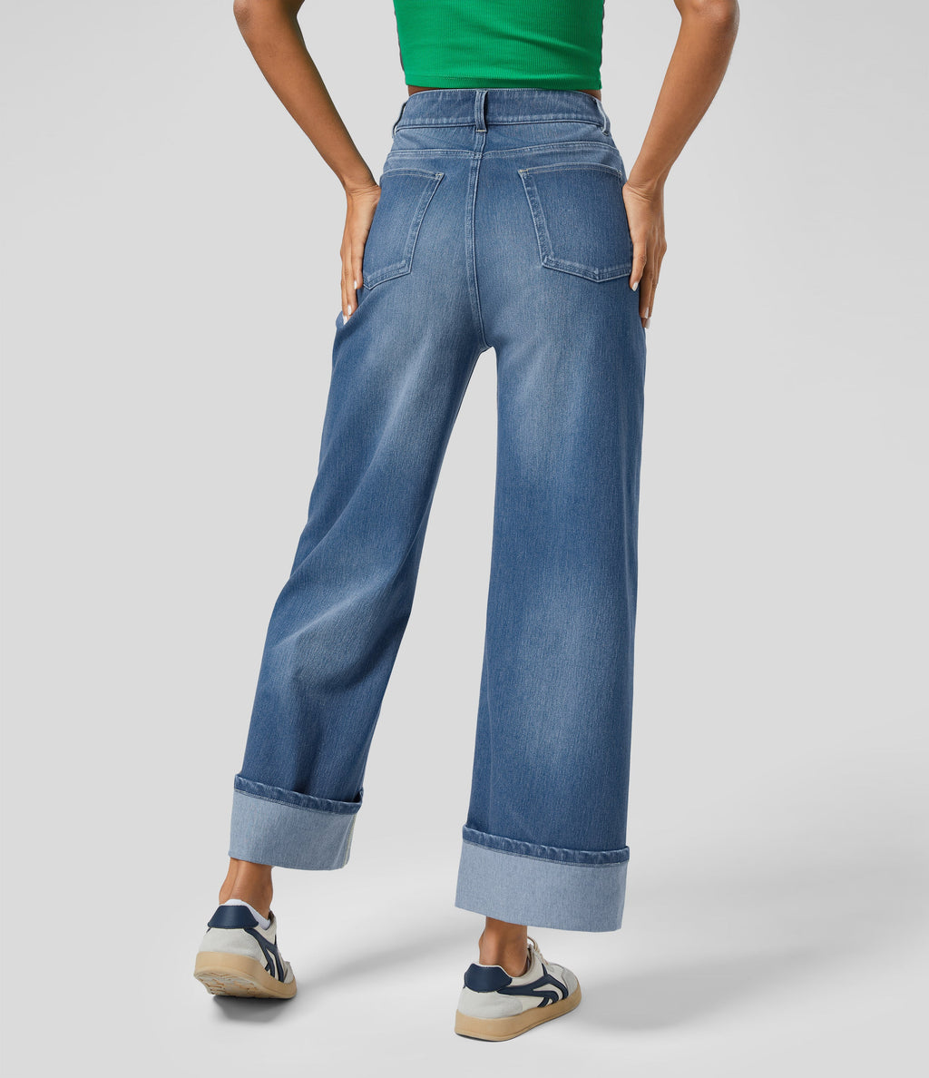 FlexTM High Waisted Multiple Pockets Rolled Hem Wide Leg Washed Stretchy Knit Casual Jeans