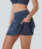 FlexTM High Waisted 2-in-1 A Line Mini Washed Denim Casual Skirt with Pockets