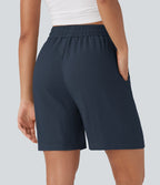 High Waisted Drawstring Casual Linen-Feel Shorts with Pockets