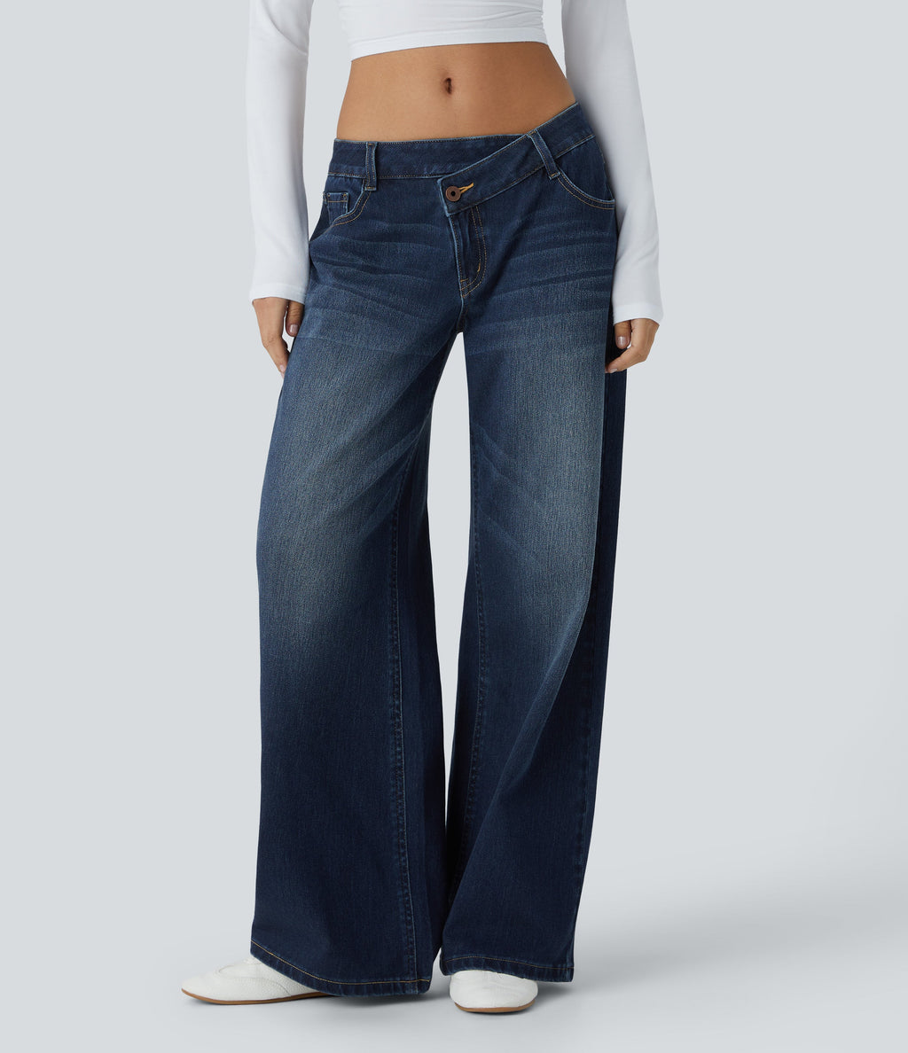 FlexTM Asymmetric Low Rise Zipper Pockets Baggy Wide Leg Washed Casual Jeans