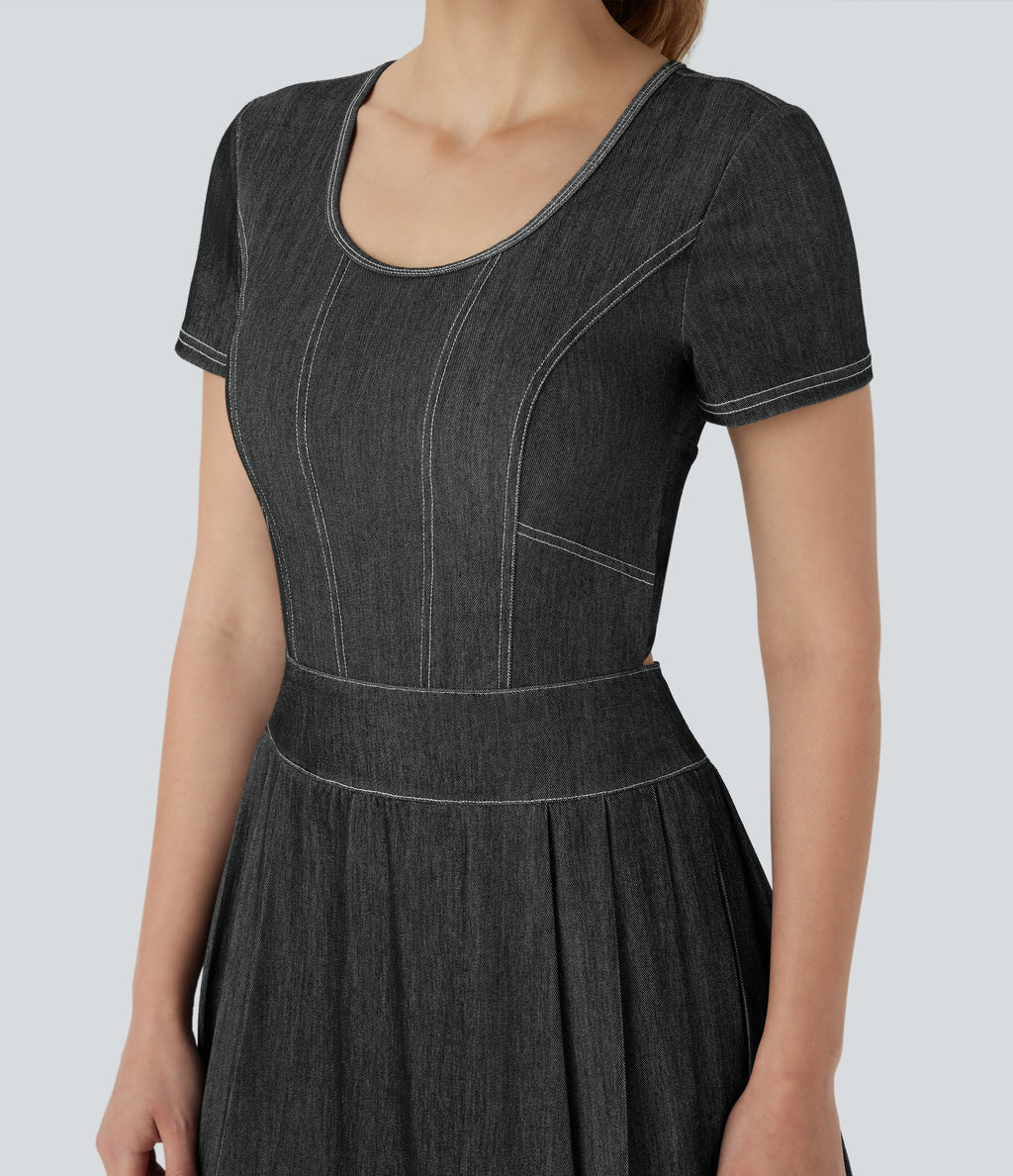 FlexTM Pleated Hem 2-in-1 Cool Touch Washed Denim Tennis Active Dress with Pockets