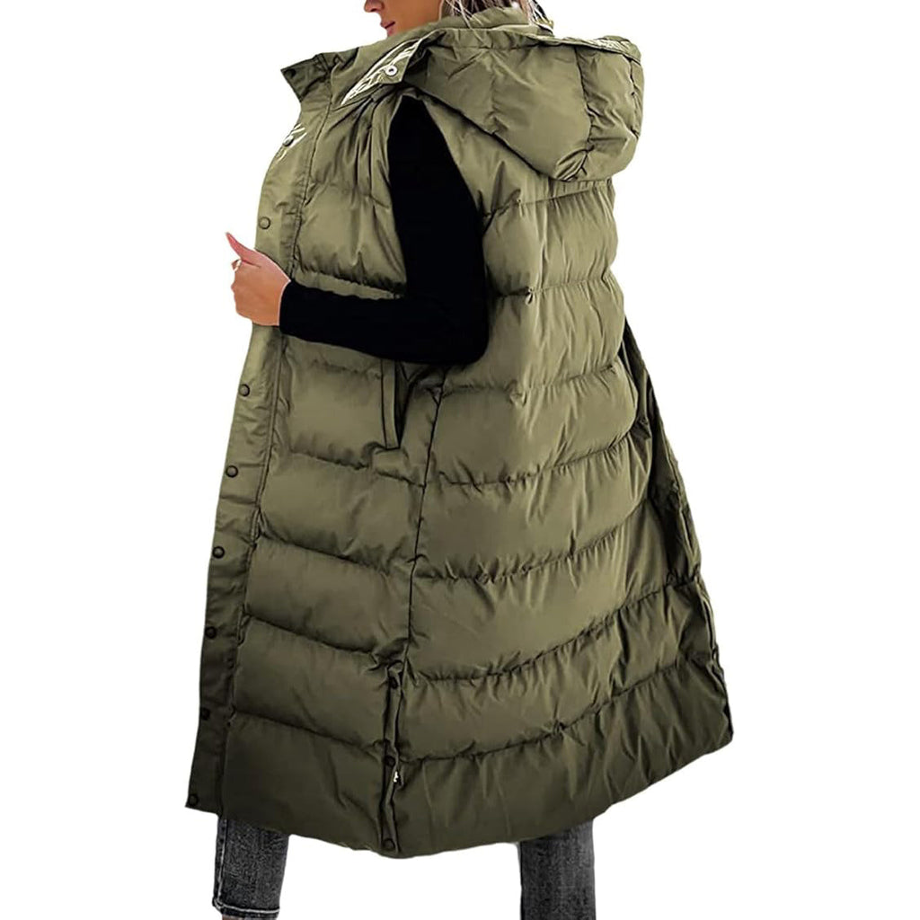 Women's Long Puffer Vest with Quilted Hood & Button Down Closure