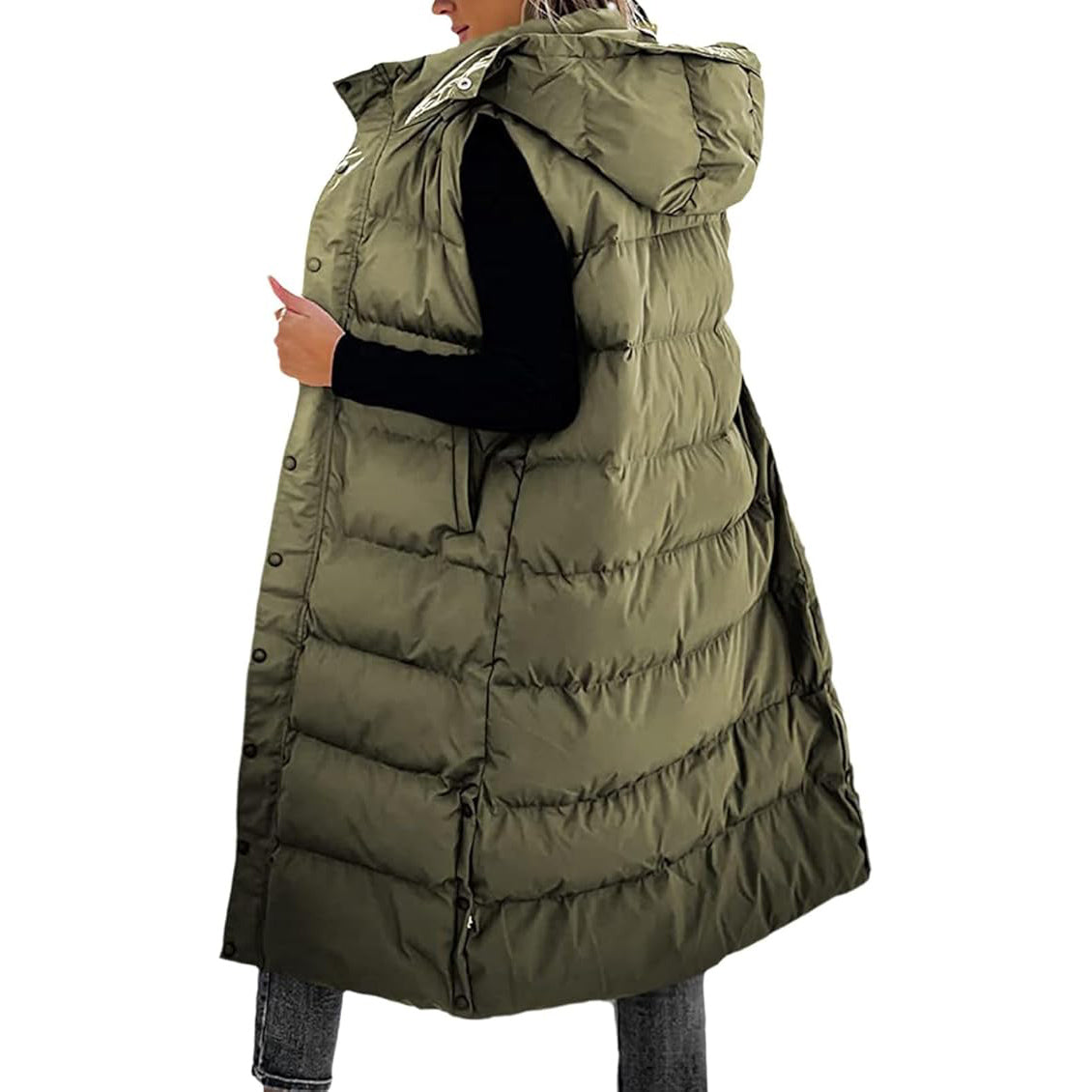 Women's Long Puffer Vest with Quilted Hood & Button Down Closure