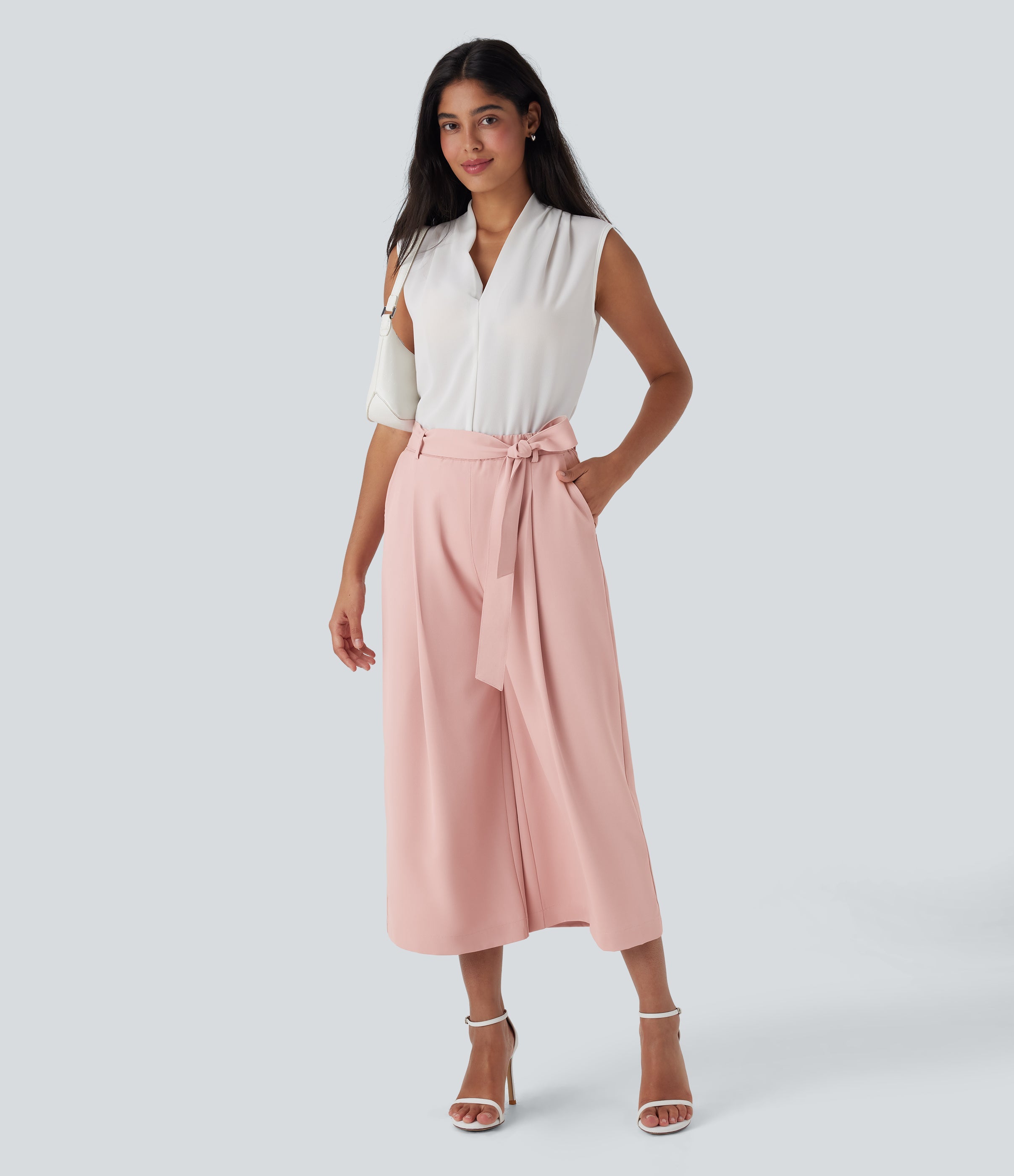High Waisted Belted Wide Leg Cropped Work Pants with Pockets