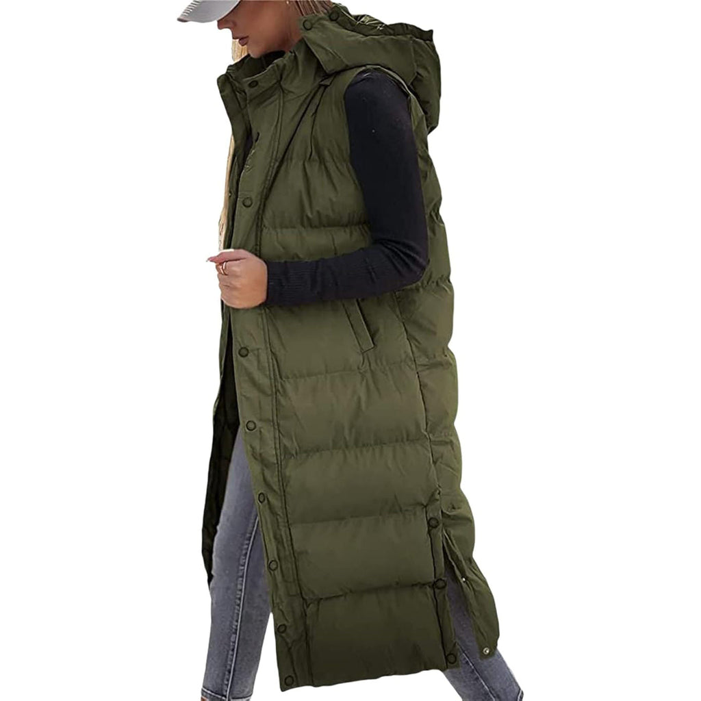 Women's Long Puffer Vest with Quilted Hood & Button Down Closure