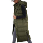 Women's Long Puffer Vest with Quilted Hood & Button Down Closure