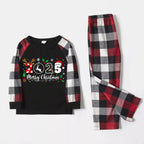 "2025 Merry Christmas" Text Snowflake Printed Pattern - Black Top with Red&Black&White Plaid Sleeves - Family Matching Pajamas