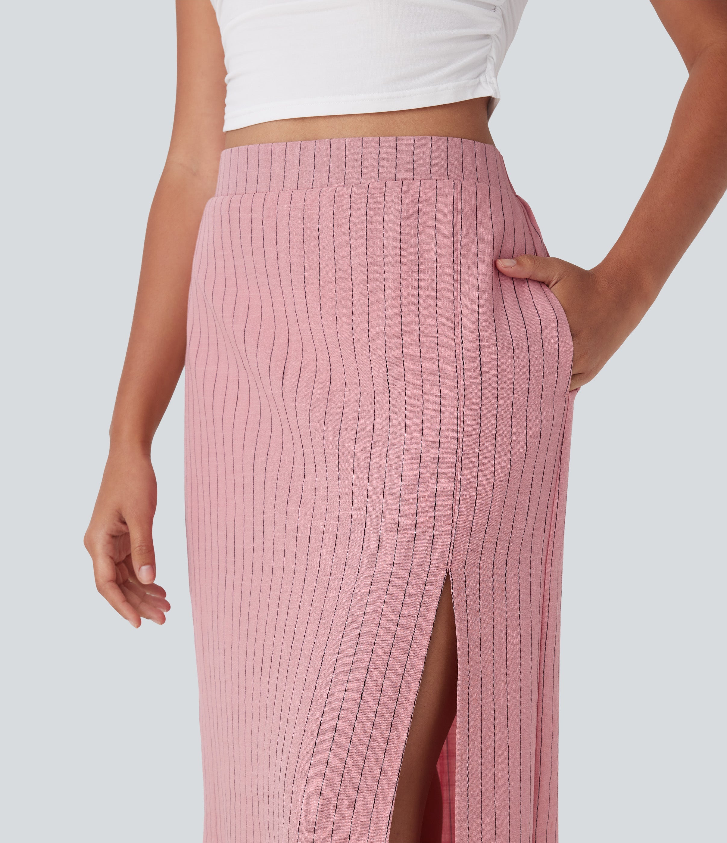 High Waisted Stripe Maxi Linen-Feel Skirt with Pockets