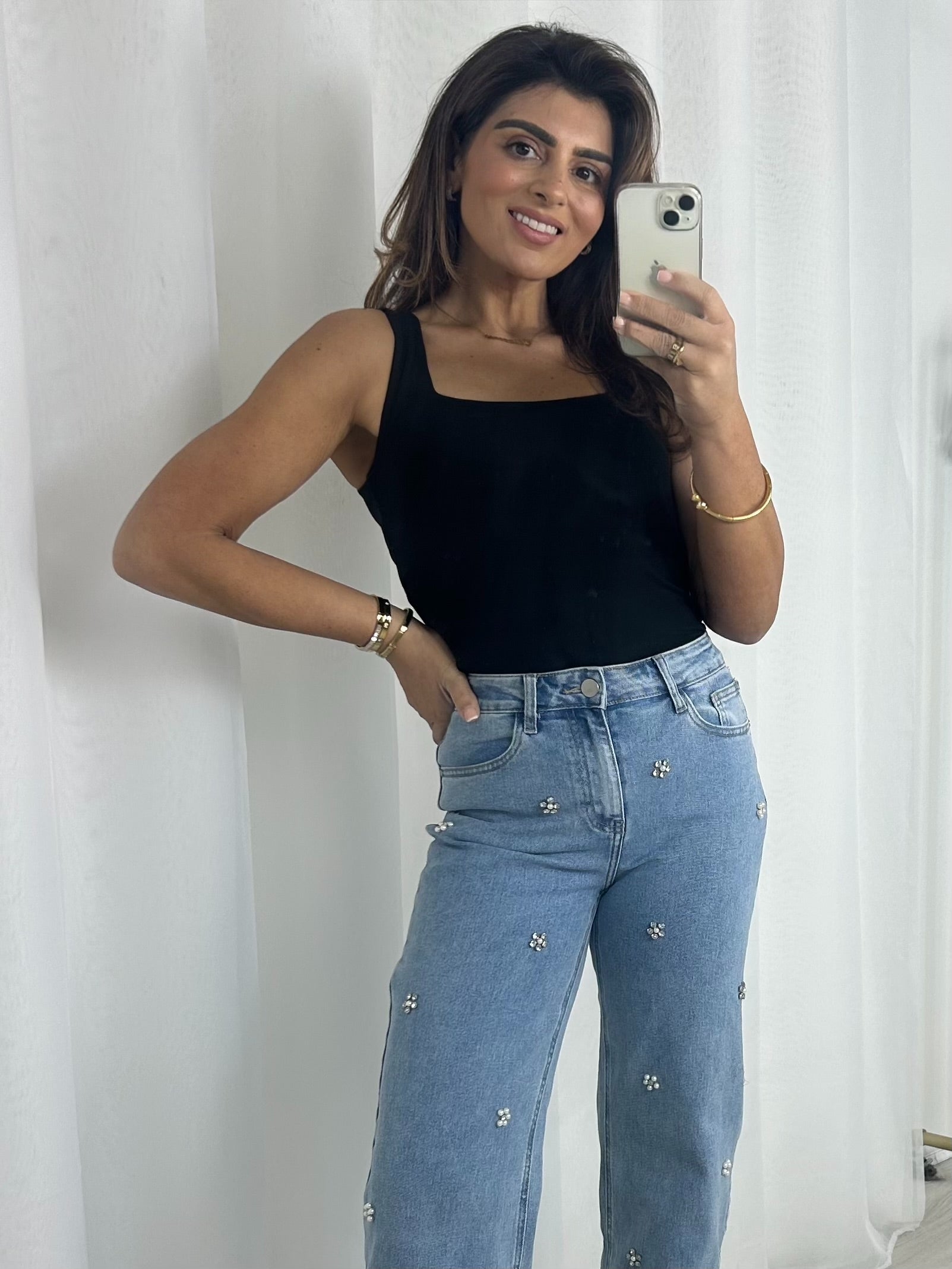 Light Denim Straight Leg Jewelled Flower Jeans