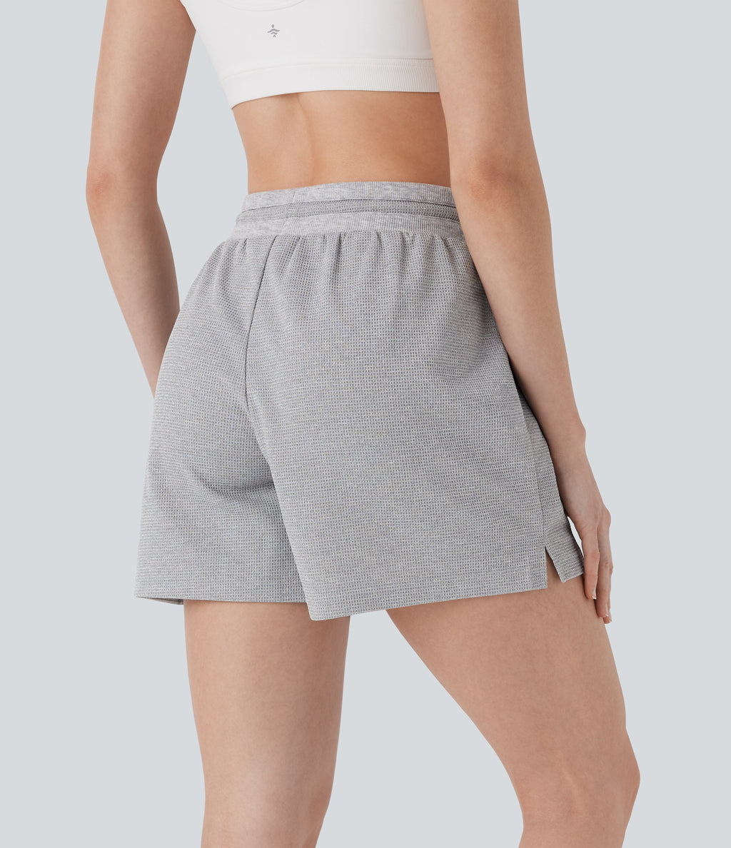 High Waisted Drawstring Waffle Yoga Shorts with Pockets