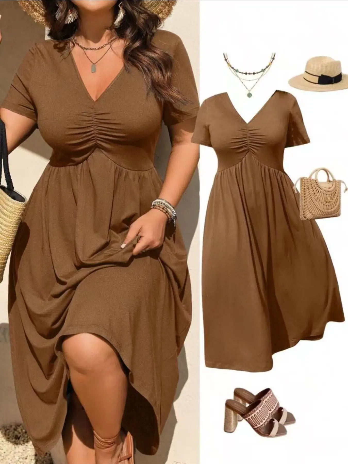 Plus Size V-Neck Ruched Bra Top Short Sleeve Midi Dress, Casual Summer Flowy A-Line Skirt, Women's Fashion Clothing