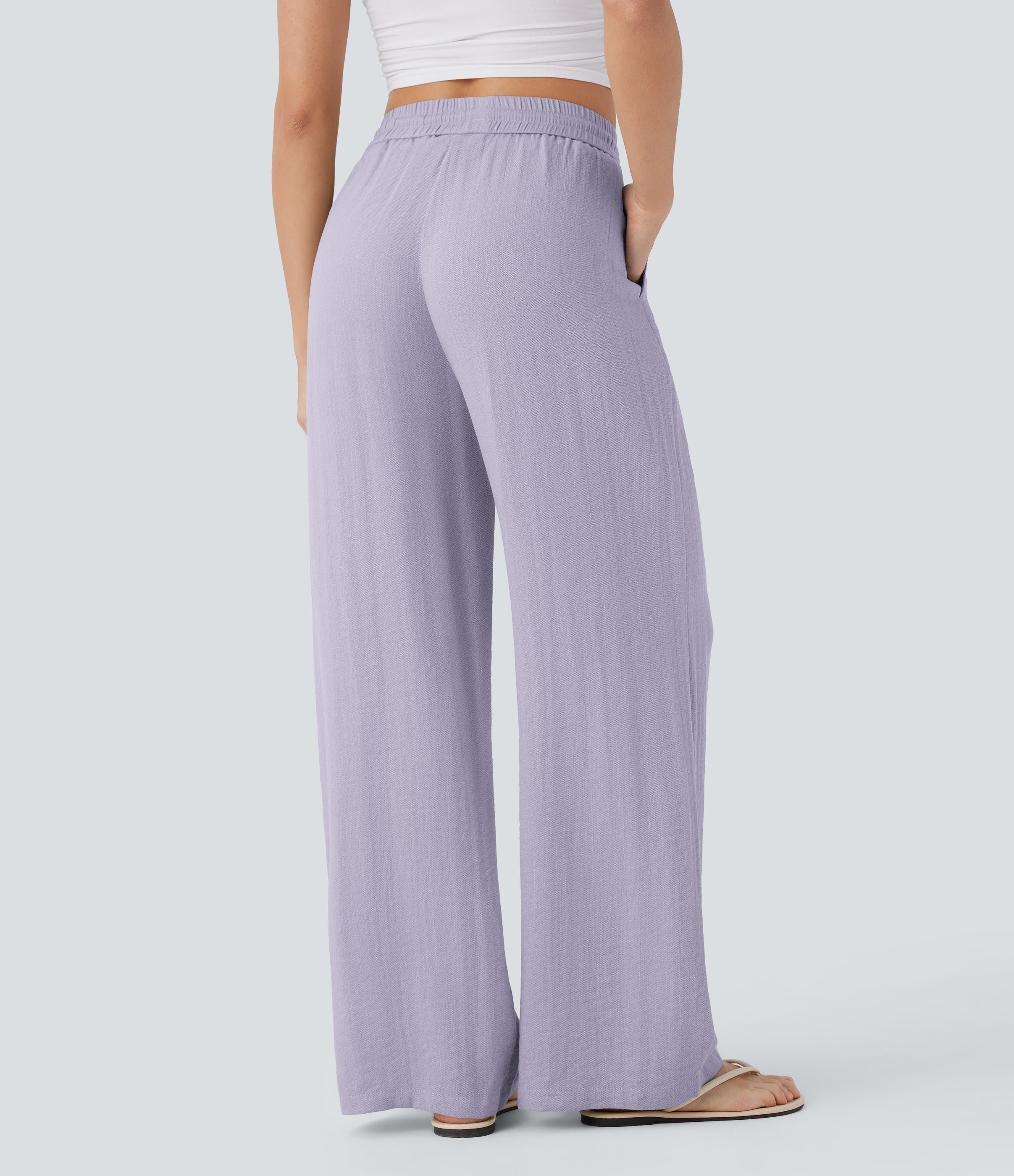 2026🔥 High Waisted Drawstring Pocket Wide Leg Casual Linen-Feel Pants