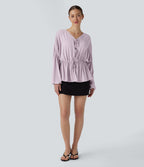 Long Sleeve Lace Up Drawstring Work Blouse