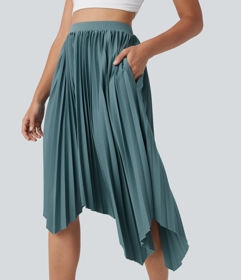 High Waisted Pleated Asymmetrical Hem Casual Skirt with Pockets