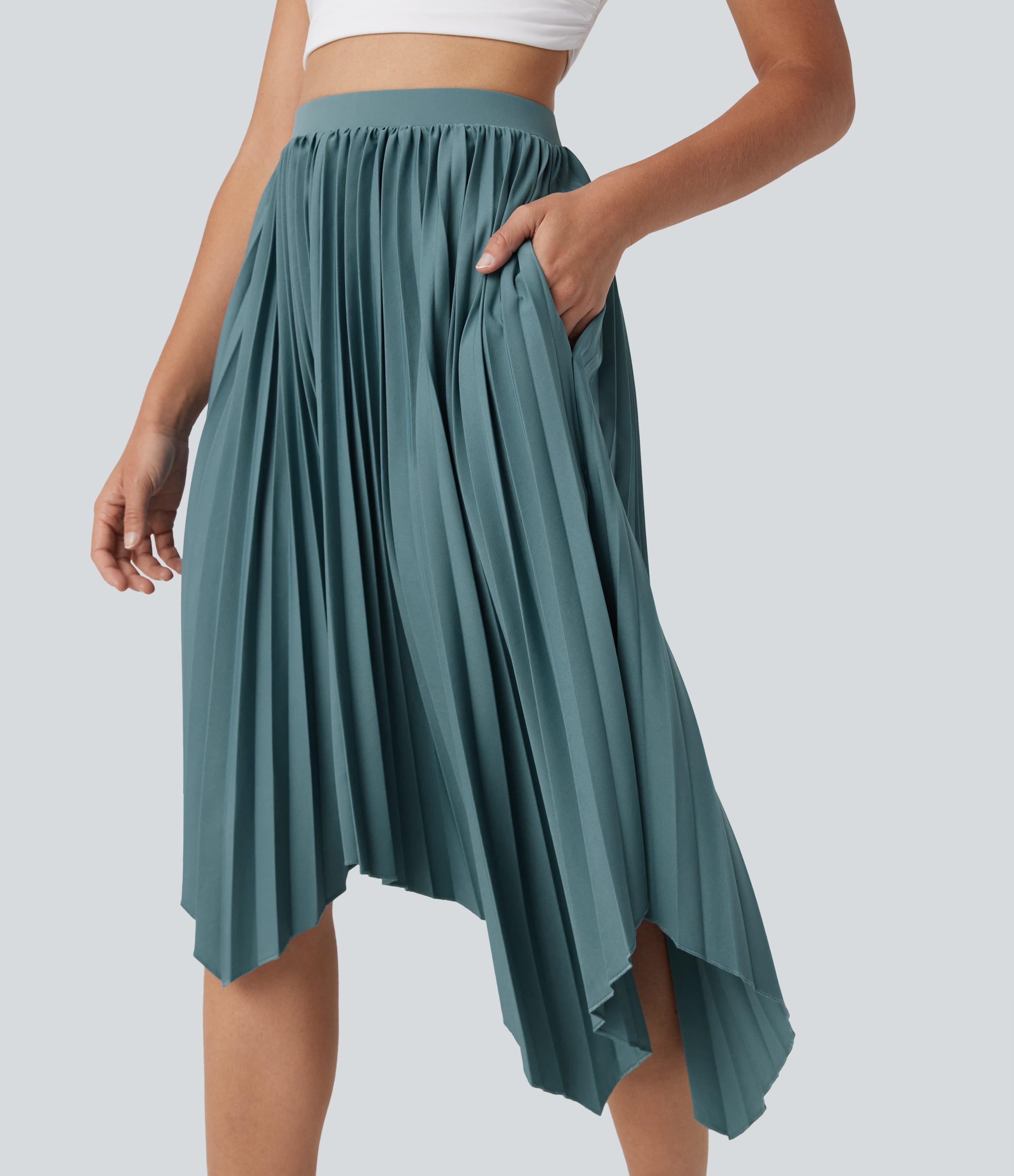 High Waisted Pleated Asymmetrical Hem Casual Skirt with Pockets