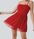 Ruched Tiered Mesh Overlay 2-in-1 Mini Dance Slip Active Dress with Pocket-Easy Peezy