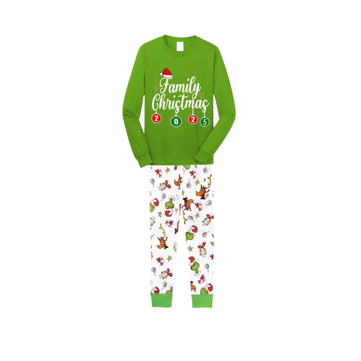 Family Christmas 2025 Pajamas Set - Green Top / Cartoon Print Pants