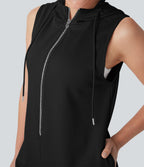 Hooded Sleeveless Zipper Casual Jumpsuit with Pockets
