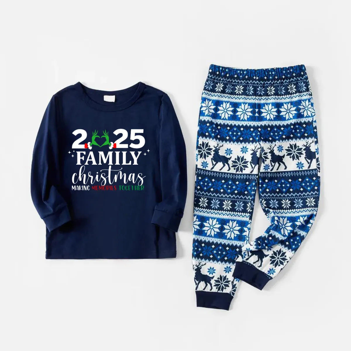"2025 Family Chriatmas" Quirky Heart Letter Print Blue Long Sleeve Family Matching Pajamas With Dog bandana
