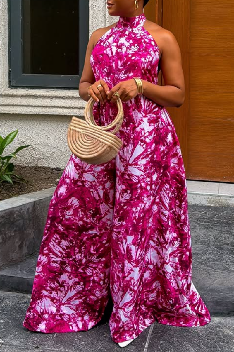Women Neck Hanging Sleeveless Printed Vacation Casual Style Wide Leg Jumpsuit