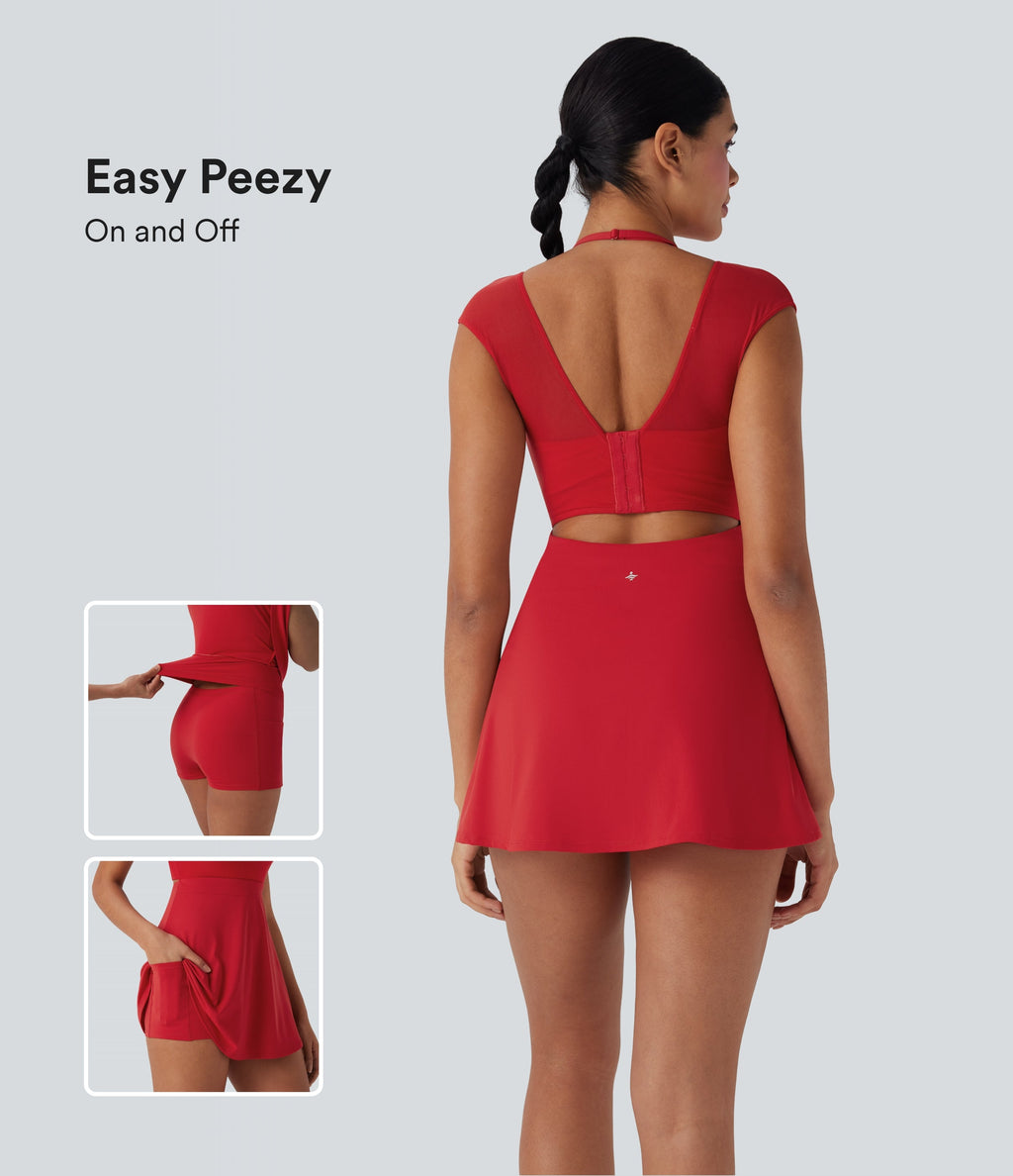 SoftlyZeroTM Airy Halter Adjustable Buckle Contrast Mesh Cool Touch Yoga Active Dress-Easy Peezy-UPF50+