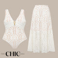 White Petal Hollow One-Piece V Neck Swimsuit&Skirt