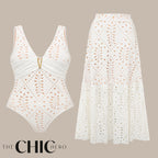 White Petal Hollow One-Piece V Neck Swimsuit&Skirt