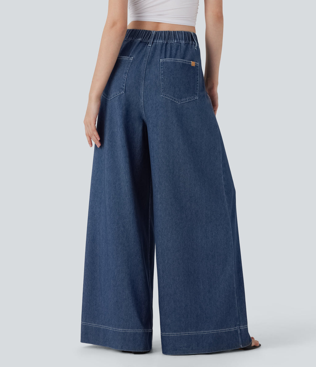 FlexTM High Waisted Wide leg Cool Touch Quick Dry Denim Casual Jeans with Pockets