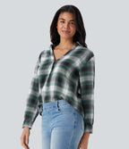 V Neck Curved Hem Plaid Casual Blouse