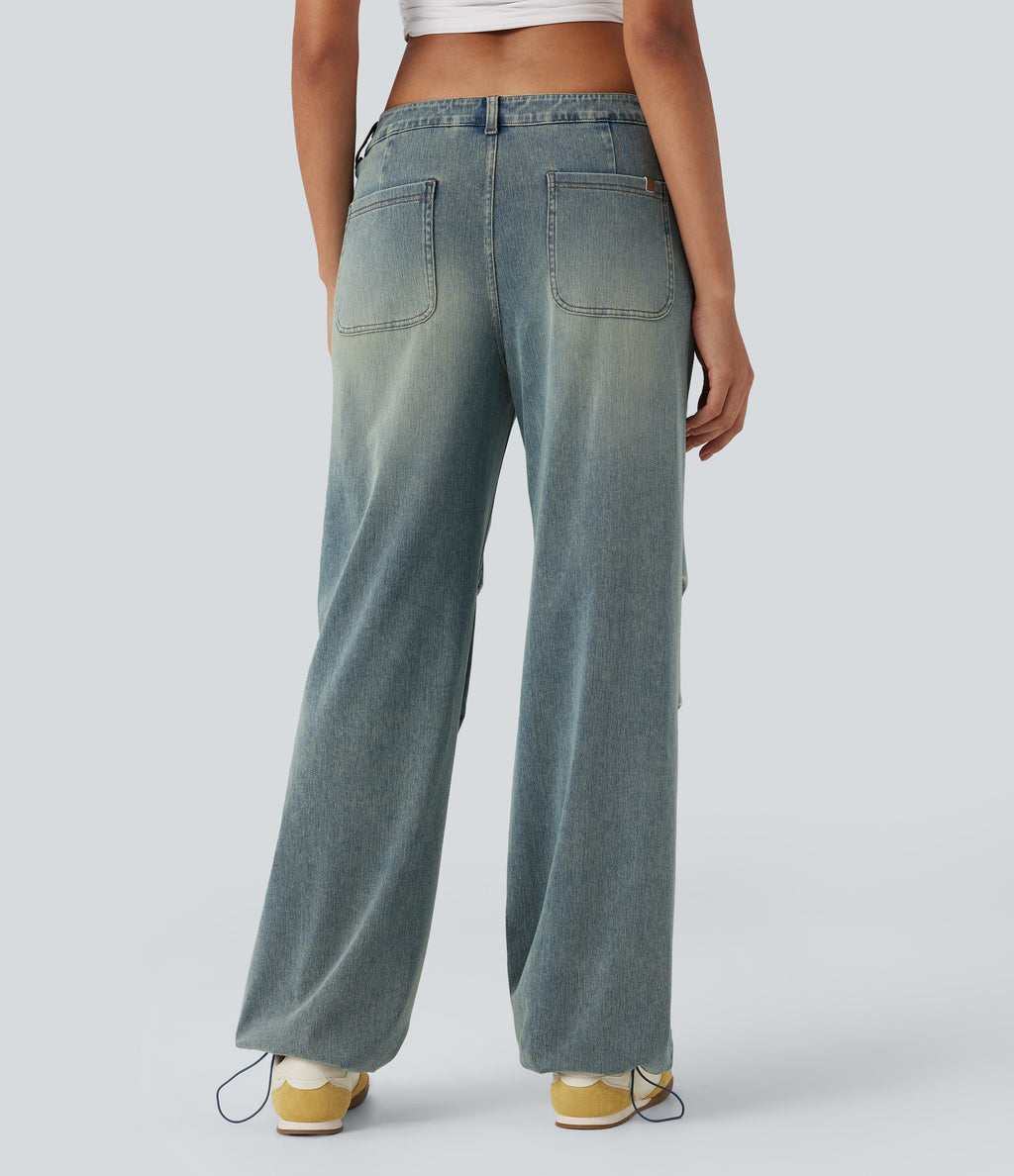FlexTM Low Rise Adjustable Drawcord Stretchy Knit Casual Parachute Jeans with Multiple Pockets