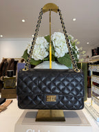 Large Genuine Leather Quilted Turn Lock Chain Handle Handbag (8 Colours)