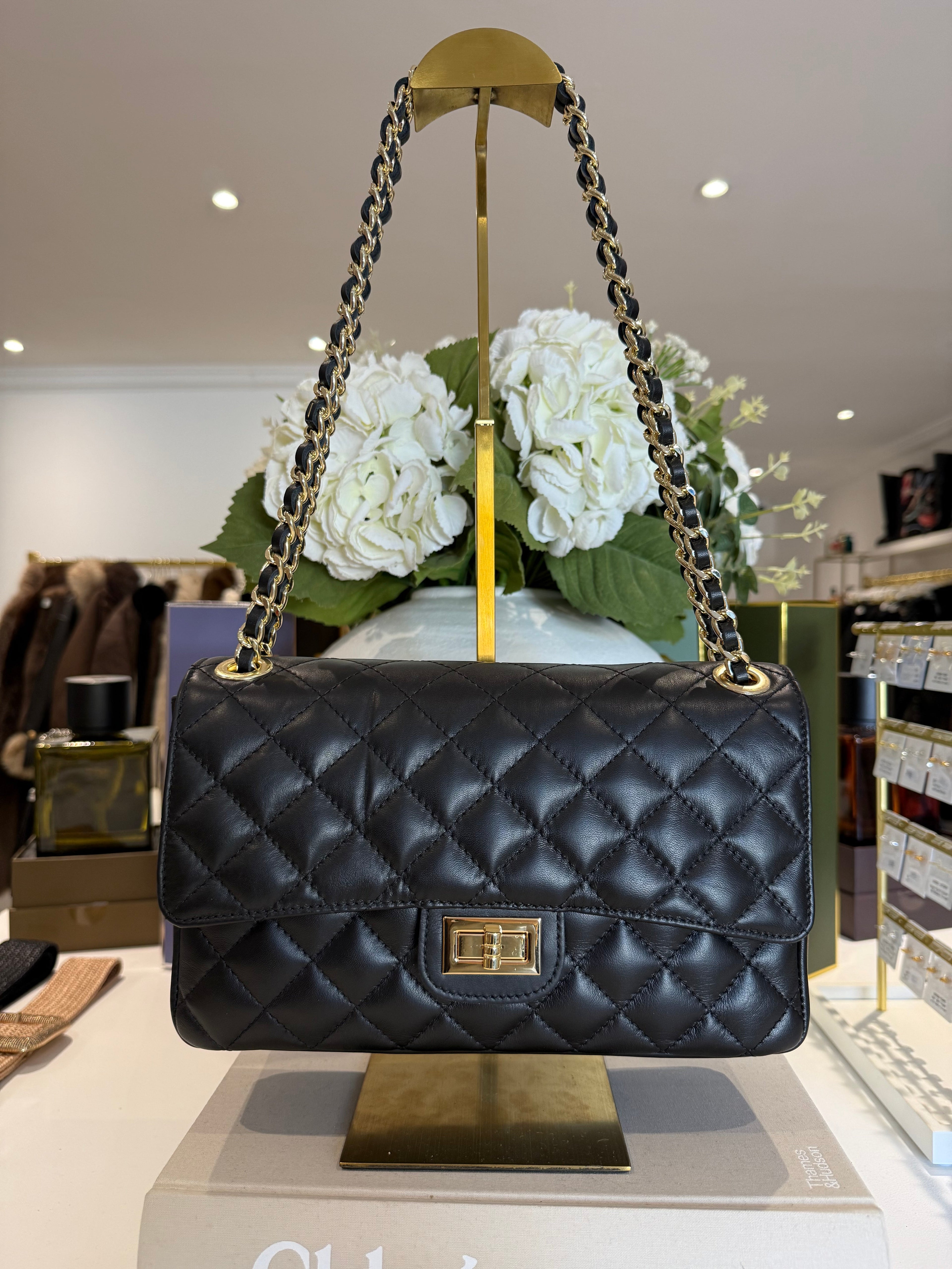 Large Genuine Leather Quilted Turn Lock Chain Handle Handbag (8 Colours)