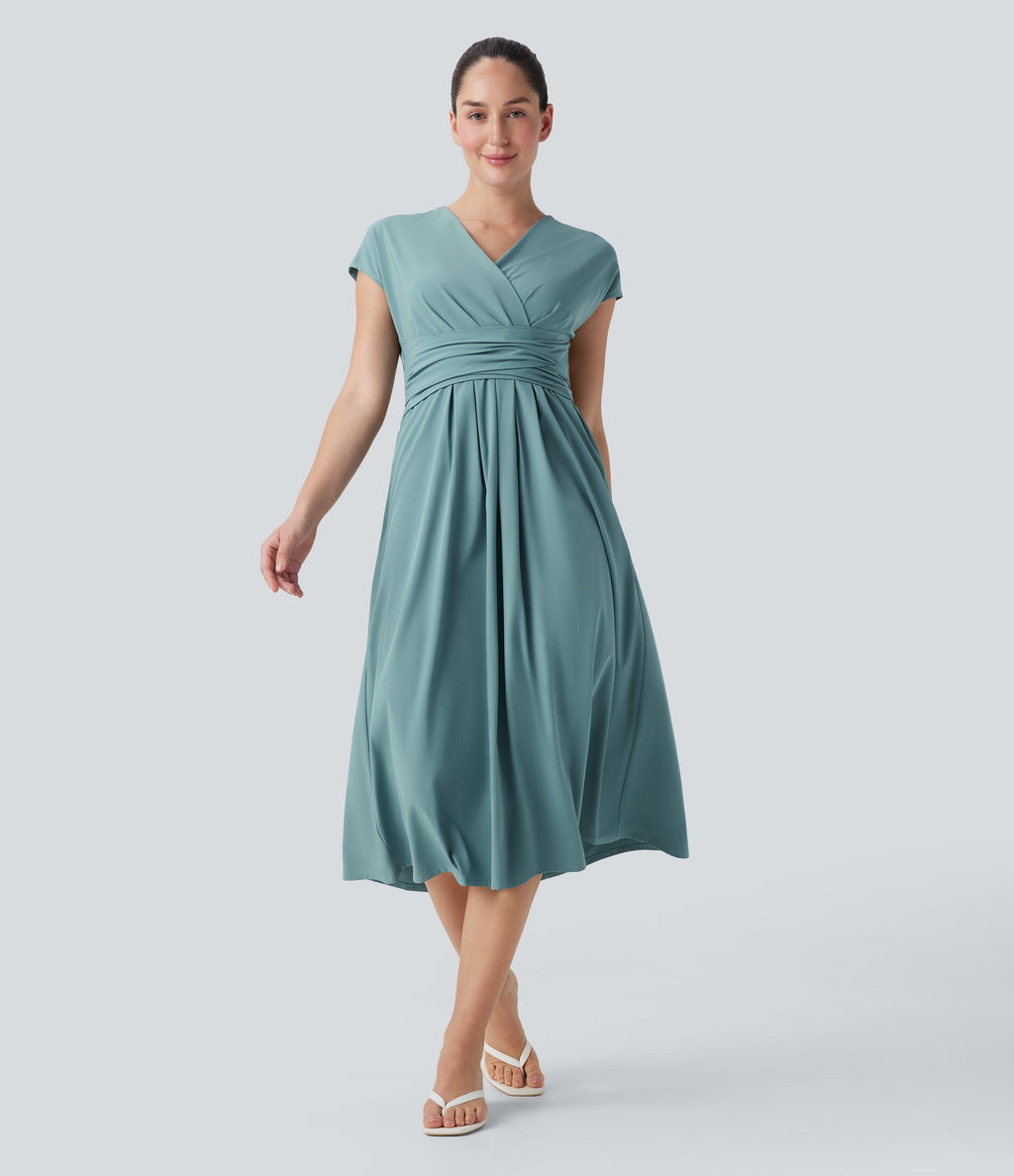 BreezefulTM V Neck Short Sleeve Pocket Tie Back Quick Dry Midi Casual Dress
