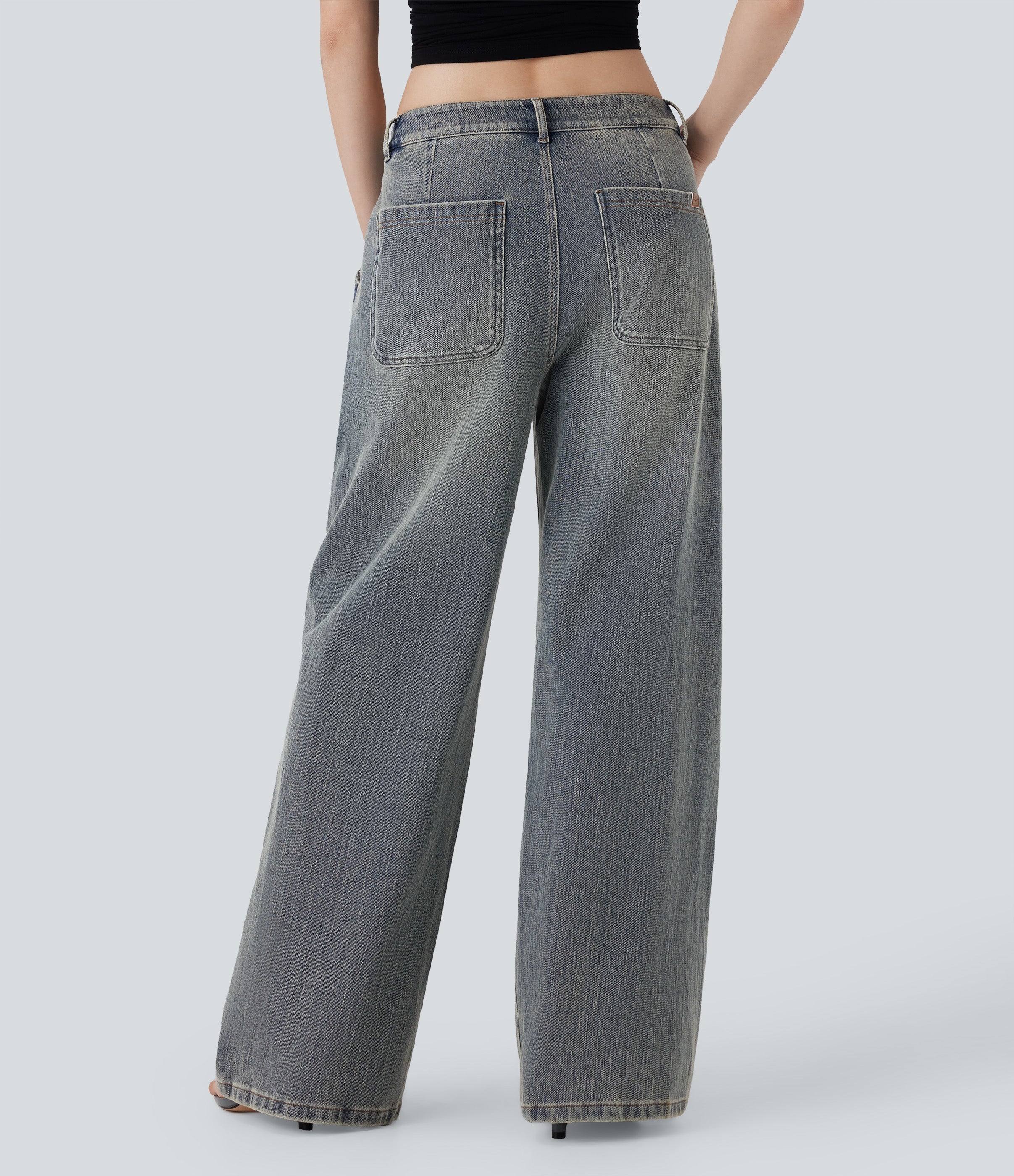 FlexTM Low Rise Wide Leg Washed Casual Jeans with Pockets