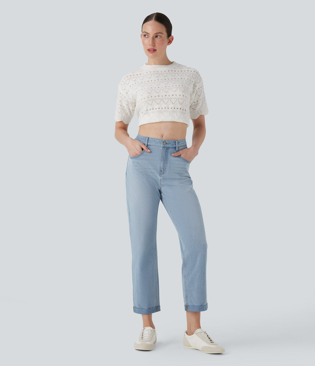 FlexTM Mid Rise Straight Leg Washed Casual Jeans with Pockets