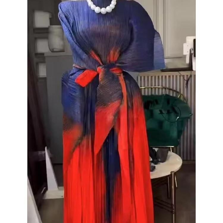 New Fashion Set: Pleated Printed Loose Sleeve Top & Wide Leg Pants Two-Piece Set with Straps Loose-Fitting for Women in Various Colors