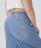 FlexTM High Waisted Pockets Washed Casual Wide Leg Plus Size Jeans