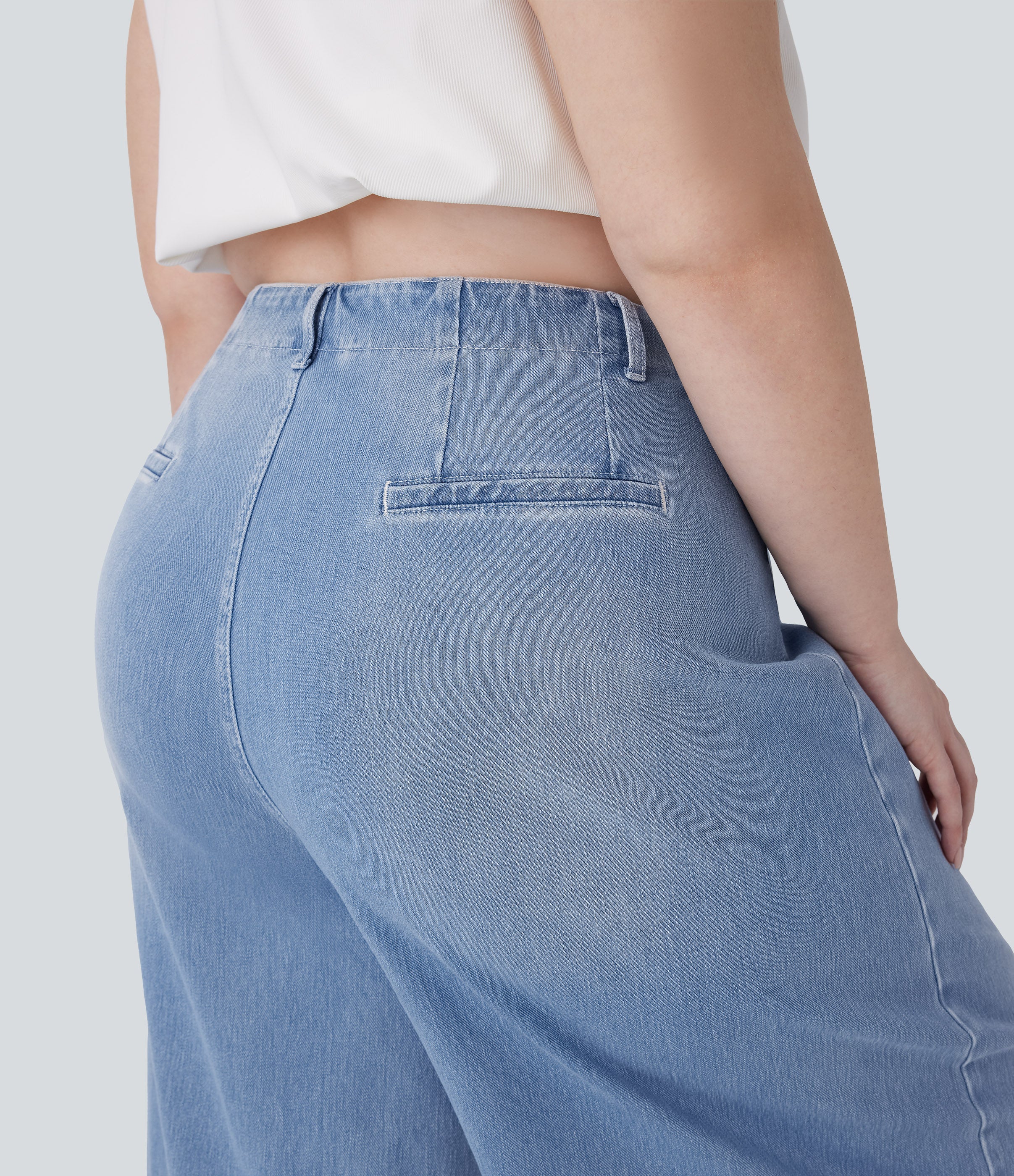FlexTM High Waisted Pockets Washed Casual Wide Leg Plus Size Jeans