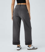 FlexTM High Waisted Multiple Pockets Rolled Hem Wide Leg Washed Stretchy Knit Casual Jeans