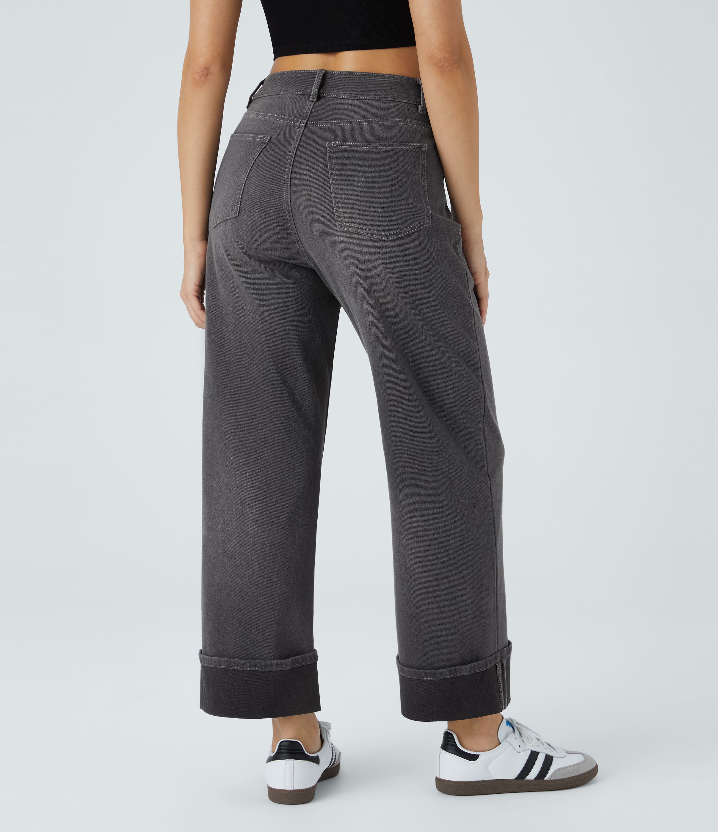 FlexTM High Waisted Multiple Pockets Rolled Hem Wide Leg Washed Stretchy Knit Casual Jeans