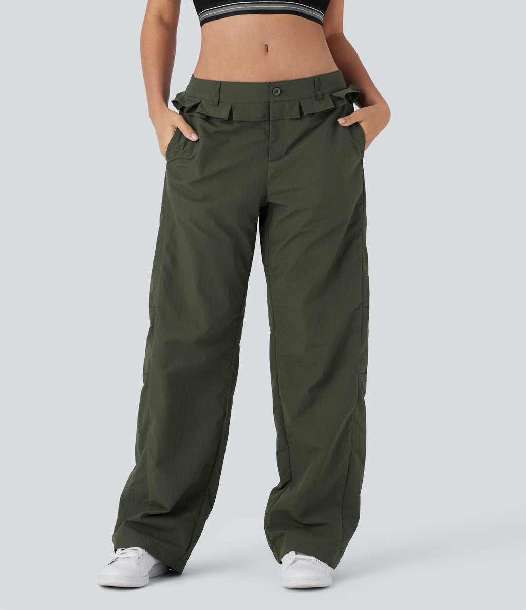 Low Rise Drawstring Ruffle Trim Dance Barrel Leg Pants with Pockets